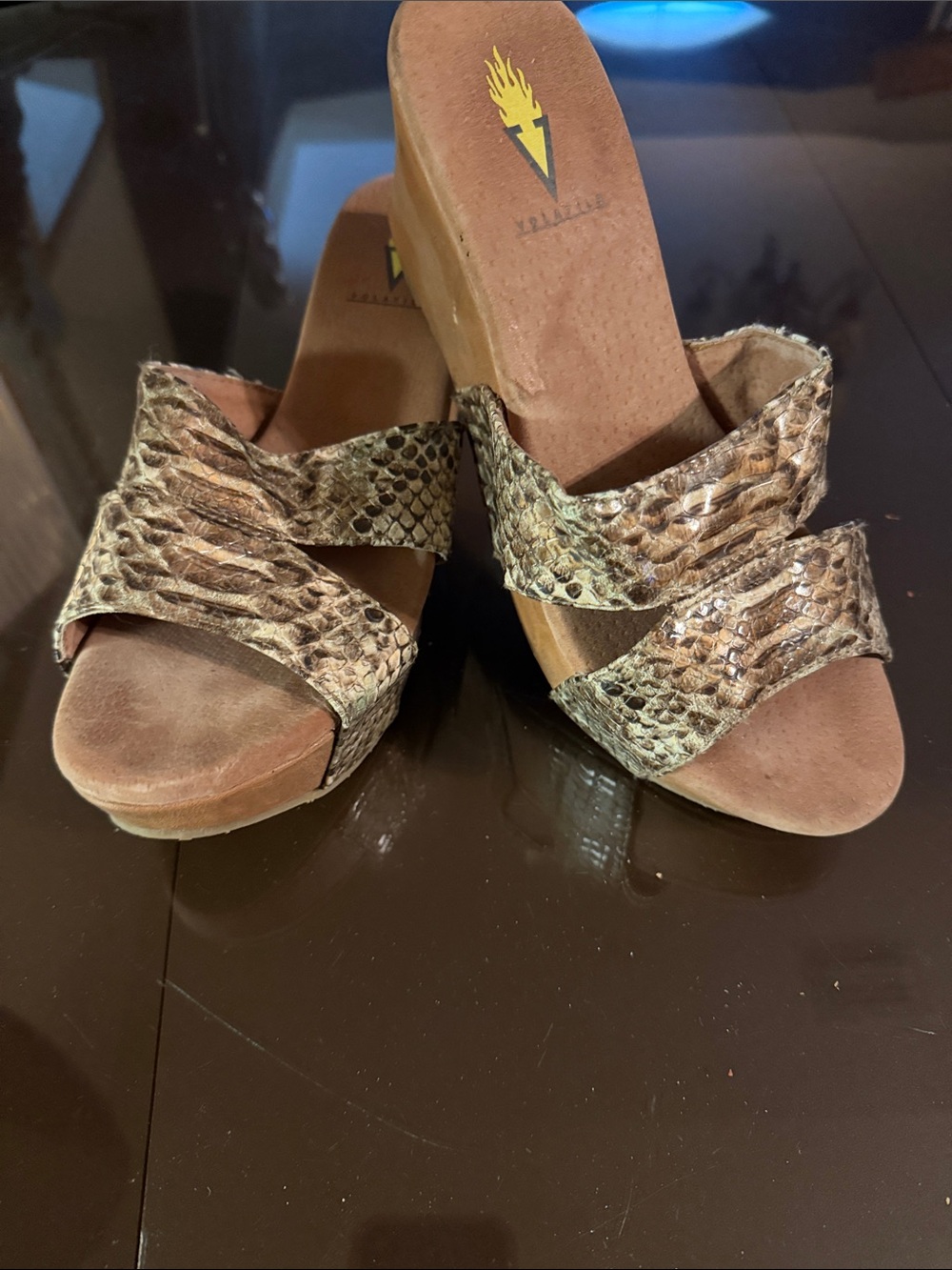 Volatile Snake-Print Platform Wedge Mules in Brown
